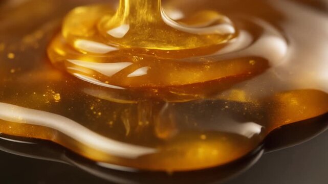 Extreme macro close-up of thick golden honey slowly flowing in viscous cascade, mesmerizing rich texture food background loop.