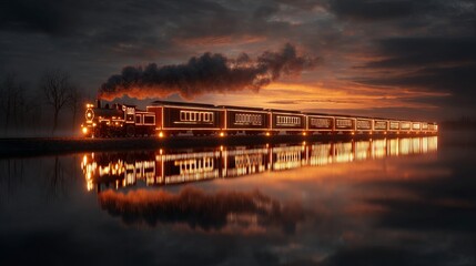 Surreal illuminated book and glowing train reflecting in calm water at vibrant sunset fantasy landscape background