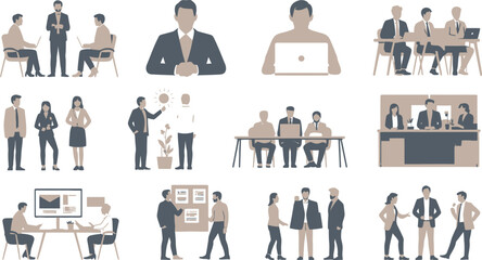 Minimalist Illustration Diverse Scenes of Business Professionals Collaborating in Office Settings and Meetings
