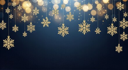 Elegant golden snowflakes on a dark blue background with bokeh lights.