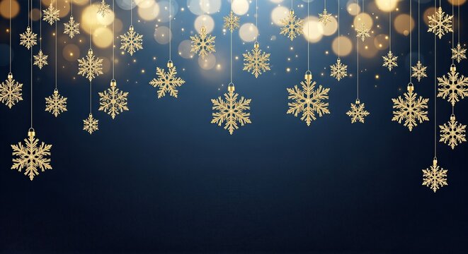 Elegant golden snowflakes on a dark blue background with bokeh lights.