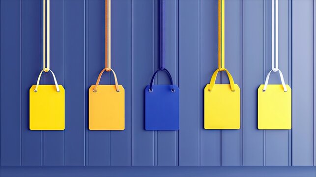 Five blank tags in yellow, orange, and blue are displayed hanging from colorful ribbons against a blue paneled background.