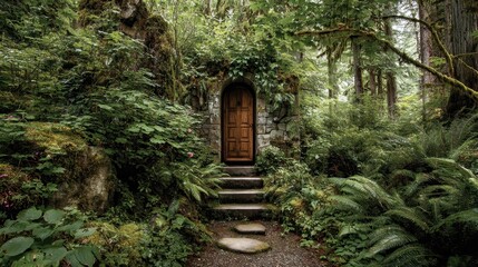 Naklejka premium Secret stone door nestled in lush forest surrounded by greenery and stone steps leading into nature