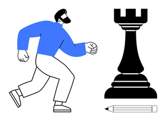 Man moving toward large chess rook with pencil below, combining strategy and creativity. Ideal for leadership, planning, problem-solving, competition, innovation, ambition strategic thinking. Simple