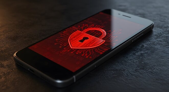Modern black smartphone displays red padlock security alert, cybersecurity concept