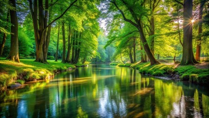 Fototapeta premium Serene water flows gently through a tranquil woodland glade surrounded by tall trees and vibrant greenery