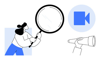 Woman holding a magnifying glass, telescopic lens in hand, and video camera icon. Ideal for research, exploration, discovery, learning, observation innovation technology. Simple flat metaphor