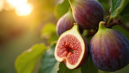 Ripe purple figs grow on a tree branch bathed in warm sunlight. One fig is cut open revealing its juicy red interior and seeds, set against green leaves.