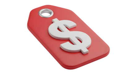 A red price tag with a white dollar sign symbol, isolated on transparent background
