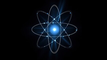 atom with electrons orbiting the nucleus in a dark background, illustrating atomic structure and energy