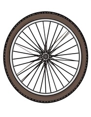 Overhead shot of a bicycle wheel with a brown tire and black spokes, isolated on white