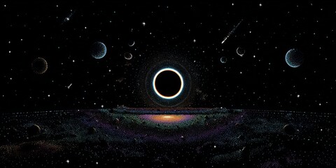 Cosmic eclipse over starlit planet with colorful nebulae