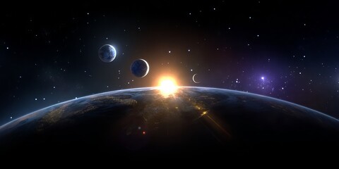 Earth sunrise with multiple moons and starry sky space