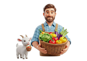Cartoon farmer holding a basket of fresh vegetables with a goat companion farm life