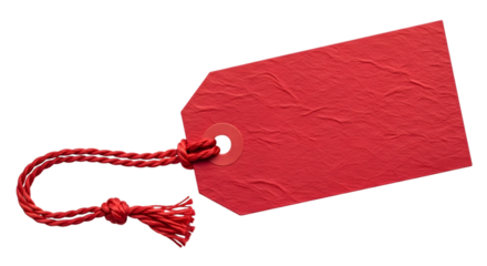 A single red textured paper gift tag with a red string tied in a knot, isolated on transparent background