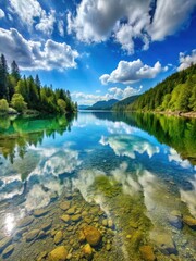 Fototapeta premium Serene Reflections A Still Lakes Crystal Clear Waters on a Windless Summer Day