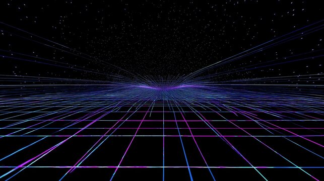 Colorful grid with bright lines creates a futuristic perspective in a dark space environment - Powered by Adobe