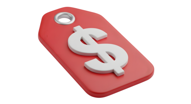 A red price tag with a white dollar sign symbol, isolated on transparent background