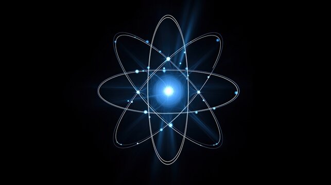 atom with electrons orbiting the nucleus in a dark background, illustrating atomic structure and energy