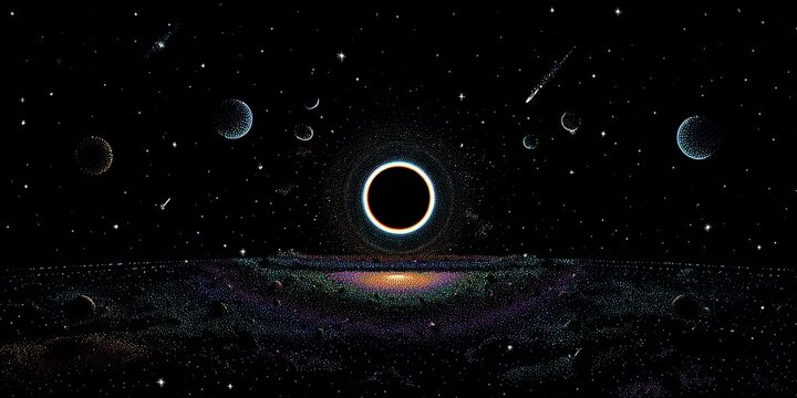 Cosmic eclipse over starlit planet with colorful nebulae