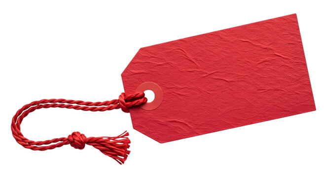 A single red textured paper gift tag with a red string tied in a knot, isolated on transparent background