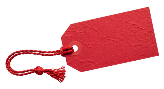 A single red textured paper gift tag with a red string tied in a knot, isolated on transparent background