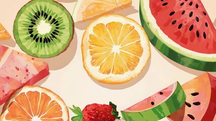 A vibrant, overhead view displays an array of sliced fruits with shadows - Powered by Adobe