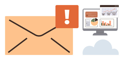 Large envelope with alert icon, computer monitor displaying graphs and charts, and cloud graphic. Ideal for communication, productivity, technology, data, business alerts connectivity. A simple