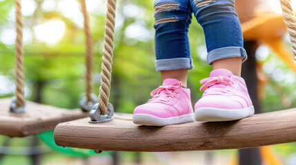 Child climbing rope ladder on playground, wearing pink sneakers and rolled jeans, sunlight and green trees creating joyful outdoor play