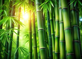 Fototapeta premium Amidst vibrant green foliage, a majestic stalk of bamboo bursts forth with tender, emerald shoots