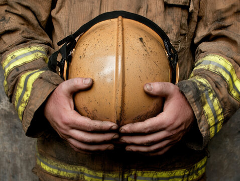 Firefighter holding scuffed helmet with soot on hands and worn protective jacket, determined and ready for duty - Powered by Adobe