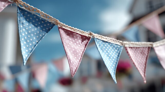 Colorful fabric bunting flags create a festive atmosphere in a sunny outdoor setting during a celebration event - Powered by Adobe