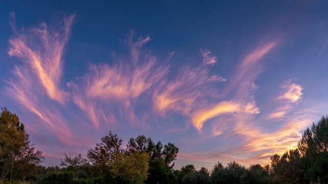 peace. A breathtaking sunset sky panorama with vibrant warm hues and glowing clouds. inspiring travel planning, travel magazines, designed for travel destination branding, inspires travel planning.