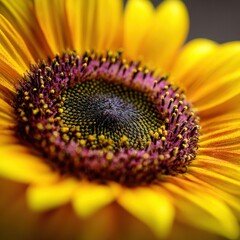 Close Up Macro Photograph of a Sunflower's Center Showing Purple and Yellow Stamens and Dark Seeds image