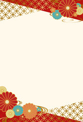 和柄と菊の花の背景フレーム　赤　金　縦