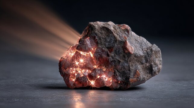 Glowing pink and brown mineral rock illuminated on dark textured surface with dramatic lighting abstract geology background for modern design and science themes