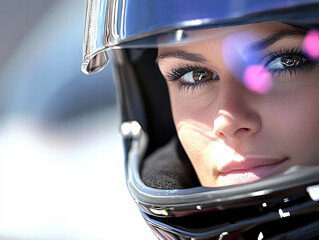 Focused female helmeted driver with reflective visor and visible eyelashes, sunlight and pink bokeh creating dramatic mood