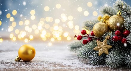 Golden Ornaments and Berries on Snowy Branch with Sparkling Bokeh Lights against Blue Background for New Year Holiday Season 150 Characters