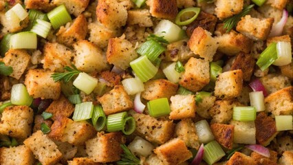 Crispy croutons mixed with fresh herbs and chopped green onions create a savory topping for salads and soups.