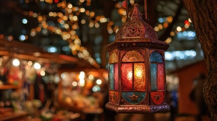 Colorful lantern illuminates a festive market during the winter season at night with sparkling lights and holiday decorations