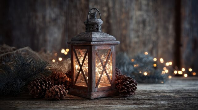 Rustic lantern with warm glow surrounded by pinecones and greenery on wooden table in cozy holiday setting