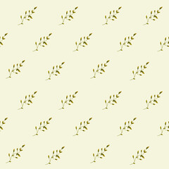 Seamless pattern with autumn green branches. Watercolor delicate print on beige background, colorful illustration.