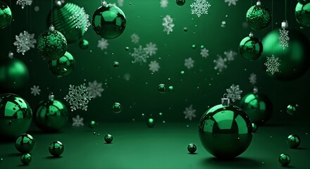Festive Green Christmas Background with Ornaments and Snowflakes.