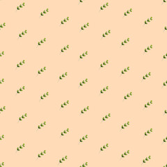 Seamless pattern with spring green leaves pattern . Watercolor delicate print on peach background, colorful illustration.