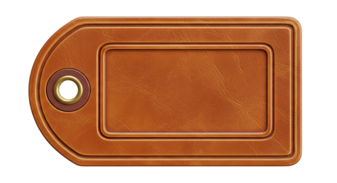 A brown leather luggage tag with a blank rectangular space for text, isolated on a transparent background