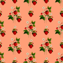 Hand-drawn watercolor painting of strawberries against a coral background. Fruit watercolor illustration. Watercolor fruit pattern.