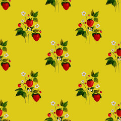 Hand drawn watercolor strawberrys painting on yellow background. Fruit watercolor illustration. Pattern watercolor fruit.
