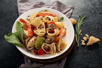 Seafood sauce italian pasta, mediterranean recipe.
