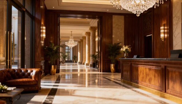 luxury hotel lobby with ambient lighting, slow cinematic camera movement, high end architecture interior design, upscale hospitality travel visual
