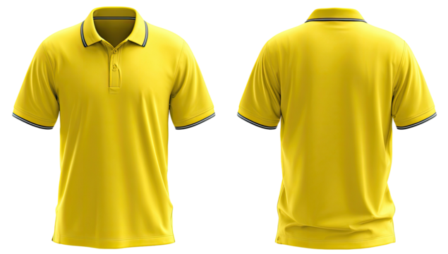 Yellow polo shirt, front and back view, blue trim details